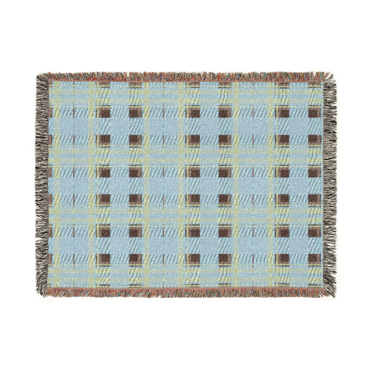 A rectangular woven throw blanket with a light blue, yellow, and brown plaid pattern and fringed edges, shown flat against a white background.