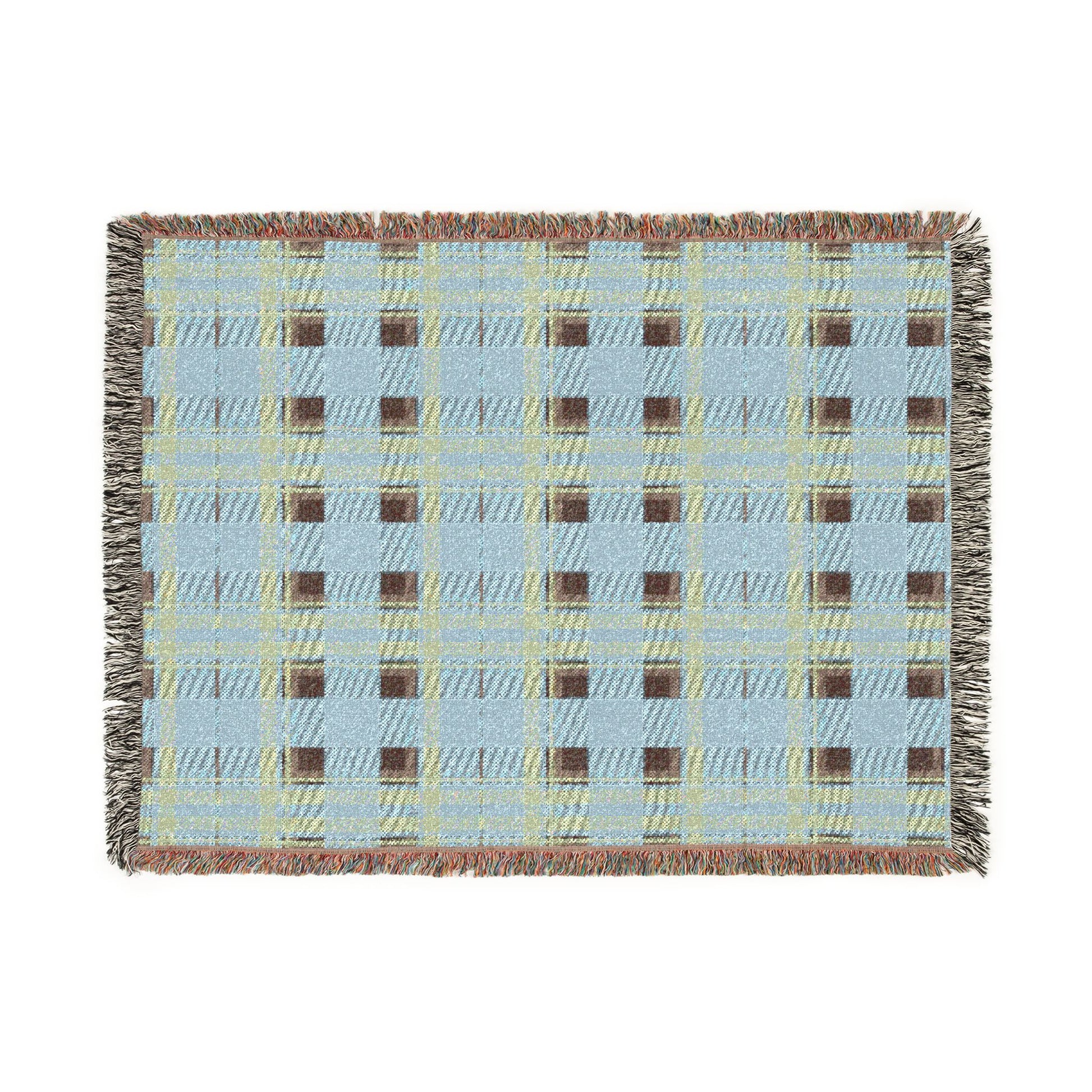 A rectangular woven throw blanket with a light blue, yellow, and brown plaid pattern and fringed edges, shown flat against a white background.