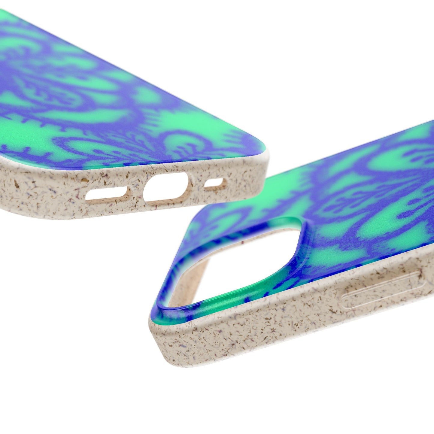 Two views of a phone case with a textured beige edge and a back panel featuring a blue and green paisley pattern, shown on a white background.