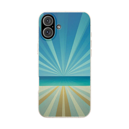 A phone case featuring a retro-style beach scene design with blue and teal sunburst rays over a sandy shore, shown on a plain white background.