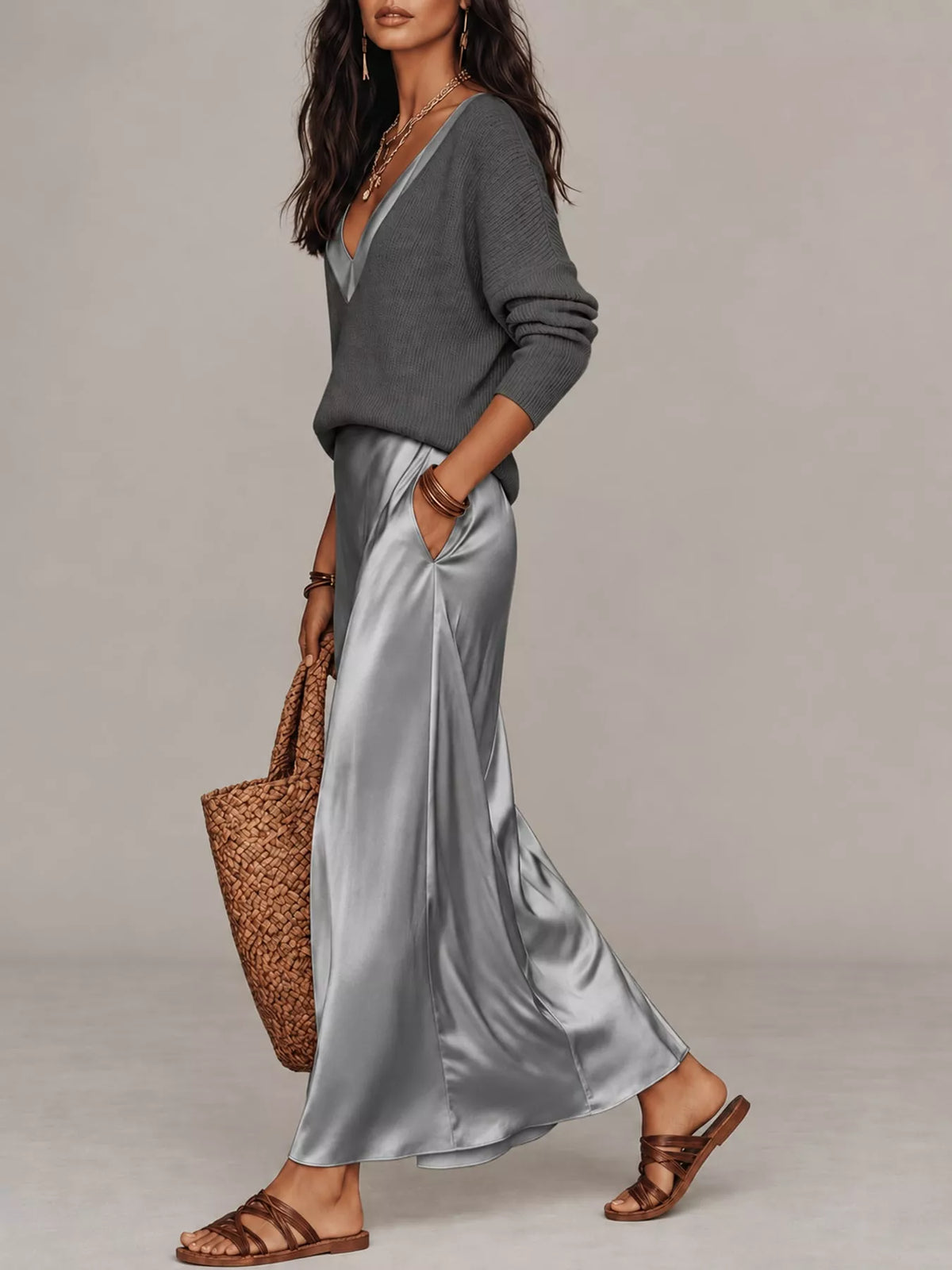 Side view of gray ribbed V-neck top and silver-gray satin midi skirt with a side pocket.