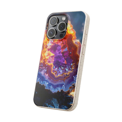 A protective phone case featuring a vibrant geode or crystal cluster design with purple, orange, and blue hues, shown on a clean white background.