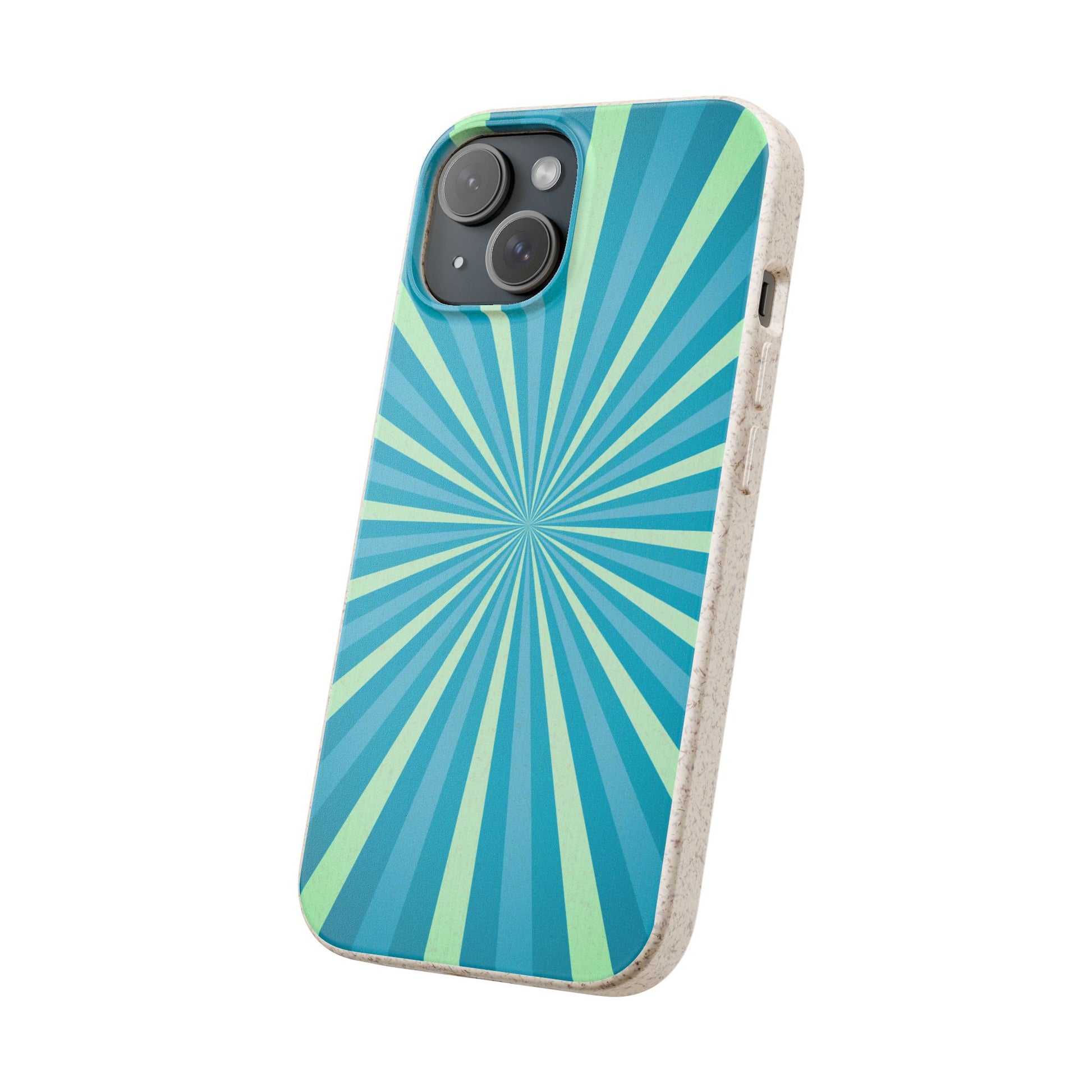 A phone case with a retro sunburst pattern in shades of teal, blue, and mint green, featuring a textured beige side frame, shown on a plain white background.