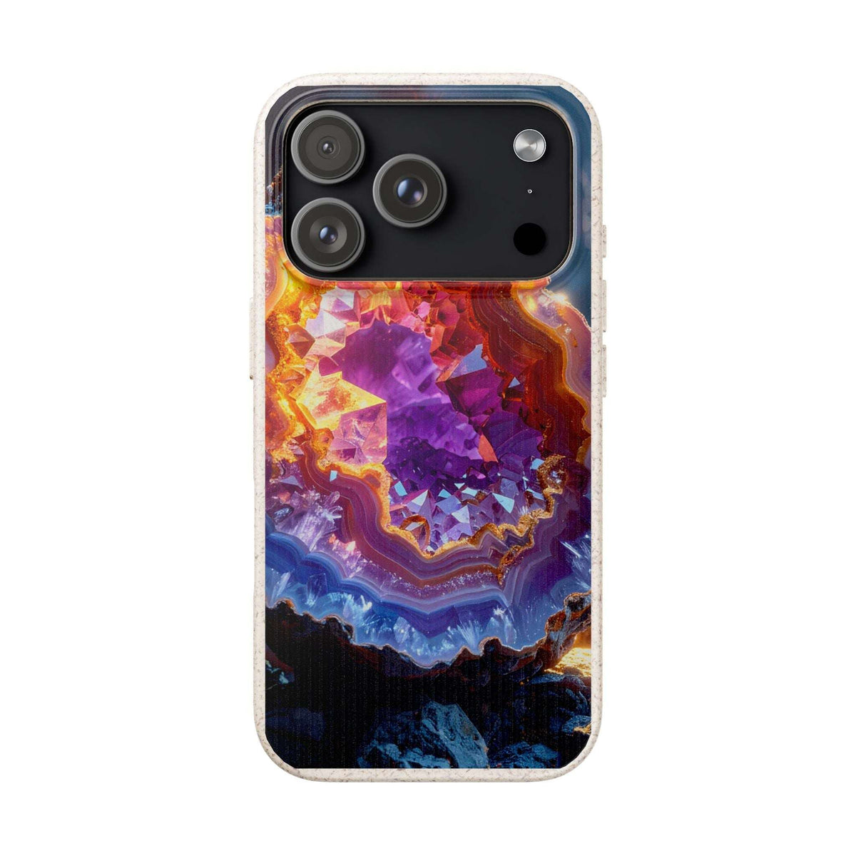 A phone case featuring a vibrant, multicolored geode or crystal cluster design with purple, orange, blue, and black tones, shown on a plain white background.