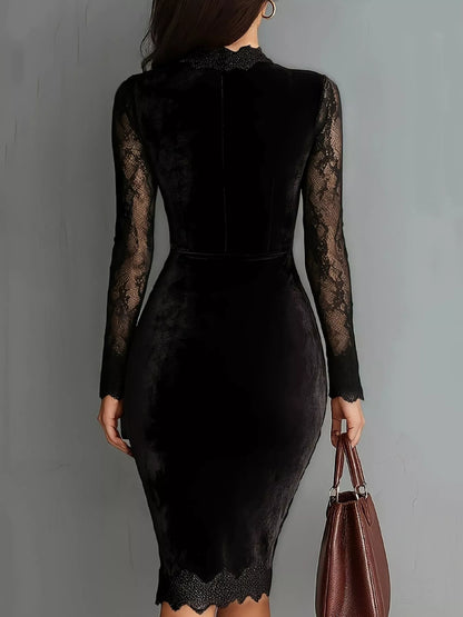 Model wearing a black velvet bodycon dress with sheer long lace sleeves, a chest cutout and lace-trimmed hem