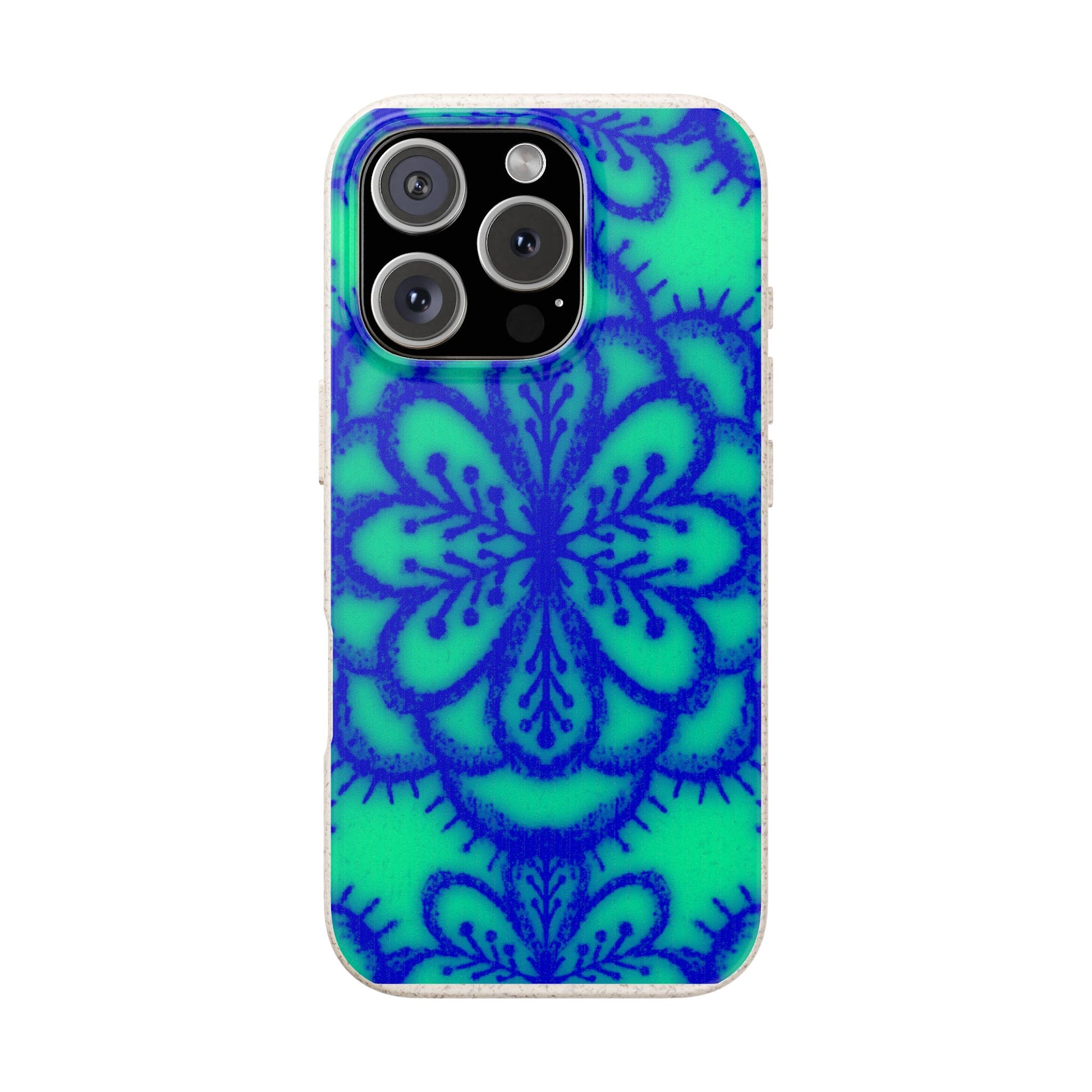 A phone case featuring a vibrant green background with a dark blue mandala pattern, shown on a plain white background.