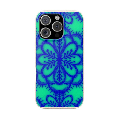 A phone case featuring a vibrant green background with a dark blue mandala pattern, shown on a plain white background.