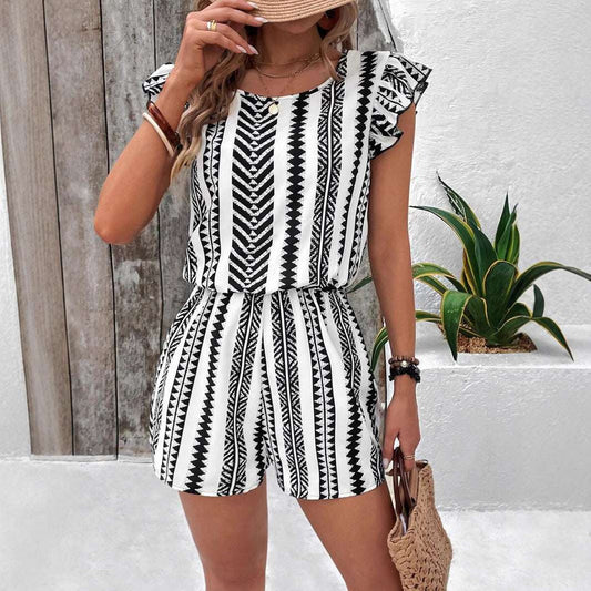 Stripe Printed Ruffles Romper