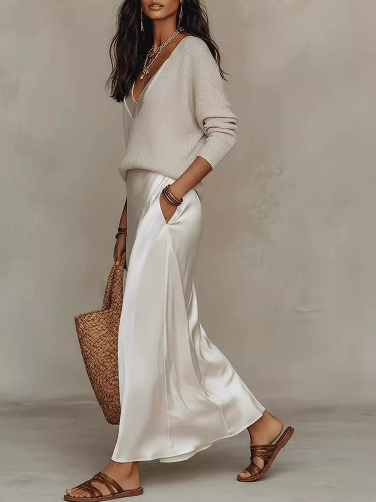 Side view of apricot top and ivory satin midi skirt, showing the side pocket.