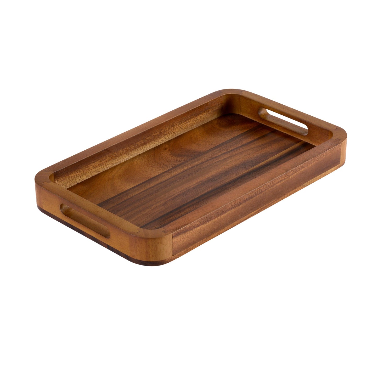 Wooden tray with handles on a white background