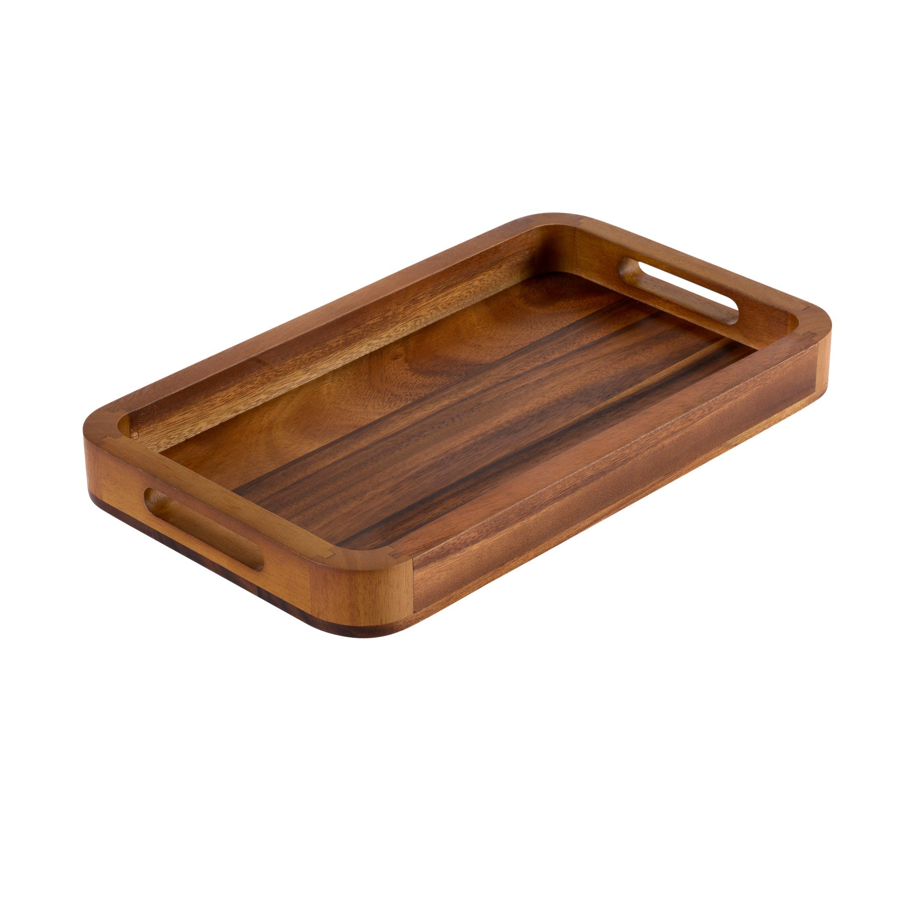 Wooden tray with handles on a white background