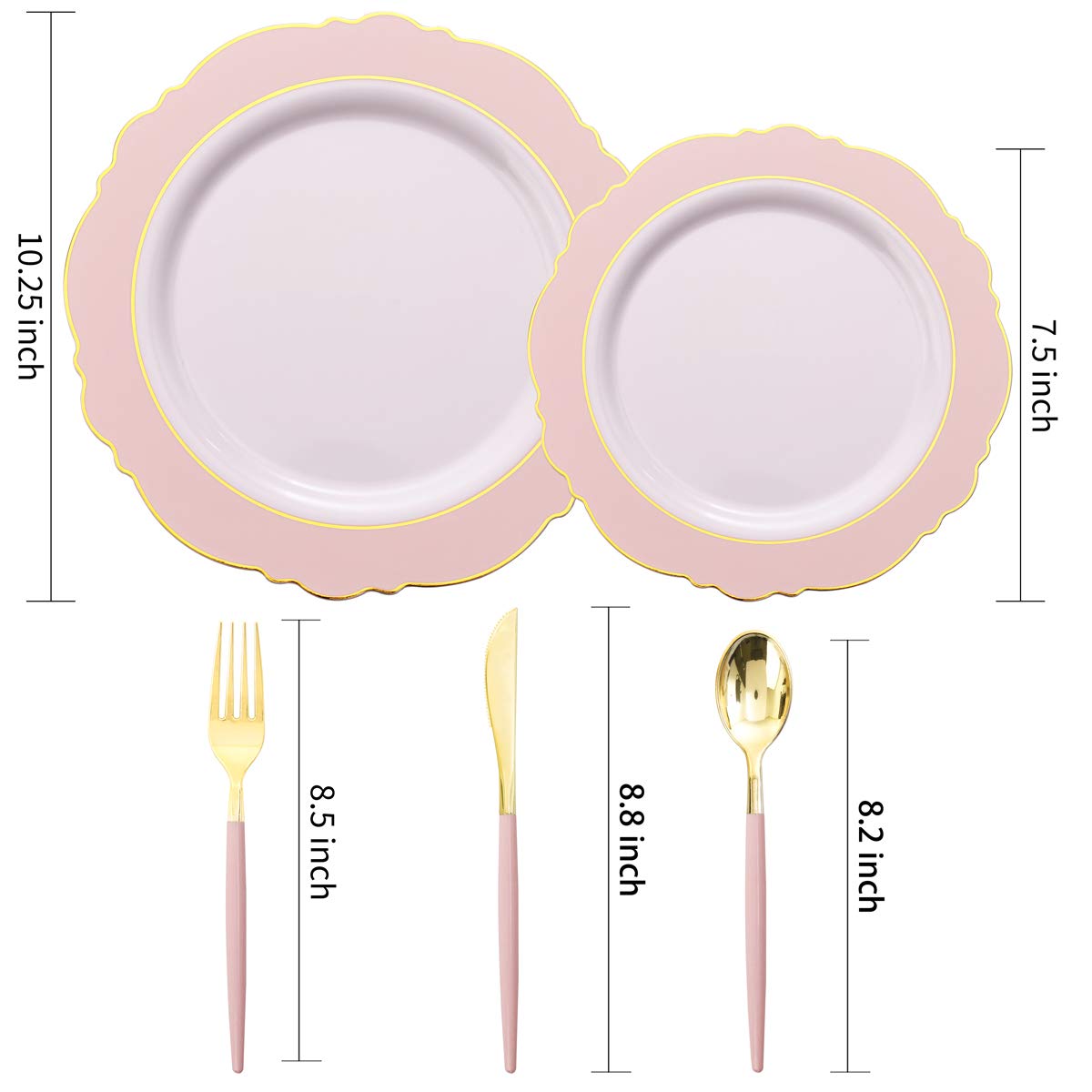 WDF 30Guest Pink Plastic Plates & Pink Christmas Plates - Gold Plastic Silverware With Pink Handle-Baroque Pink &Gold Plastic Dinnerware for Upscale Wedding &Parties