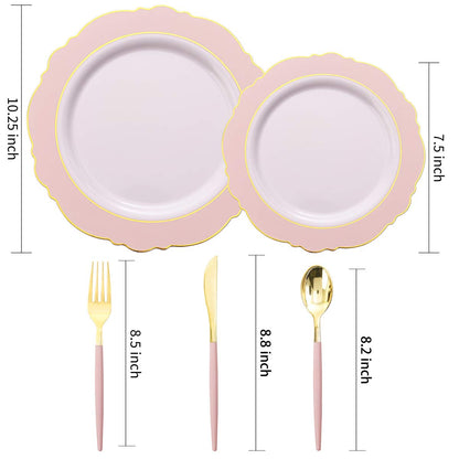 WDF 30Guest Pink Plastic Plates & Pink Christmas Plates - Gold Plastic Silverware With Pink Handle-Baroque Pink &Gold Plastic Dinnerware for Upscale Wedding &Parties