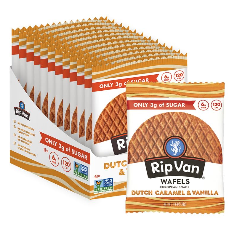 Rip Van Wafels Dutch Caramel & Vanilla Stroopwafels, Healthy Snacks, Non-GMO, Low Calorie, Low Sugar (3g), Office Snacks, Keto Friendly, 12 Count