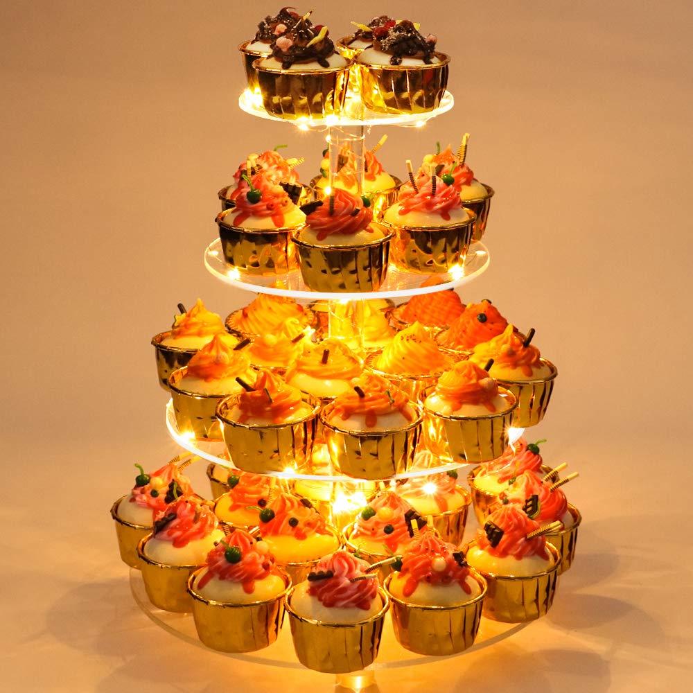 YestBuy 4 Tier Cupcake Stand Acrylic Tower Display with LED Light Premium Holder Dessert Tree Tower for Birthday Cady Bar Décor Weddings, Parties Events (Yellow Light)