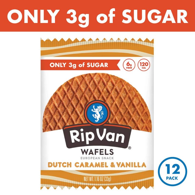 Rip Van Wafels Dutch Caramel & Vanilla Stroopwafels, Healthy Snacks, Non-GMO, Low Calorie, Low Sugar (3g), Office Snacks, Keto Friendly, 12 Count