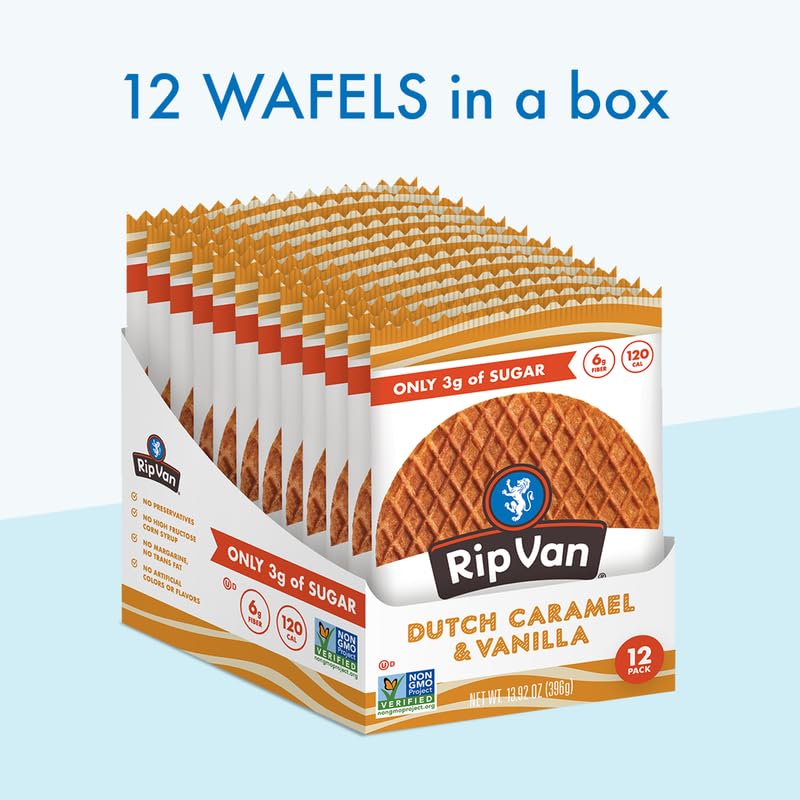 Rip Van Wafels Dutch Caramel & Vanilla Stroopwafels, Healthy Snacks, Non-GMO, Low Calorie, Low Sugar (3g), Office Snacks, Keto Friendly, 12 Count