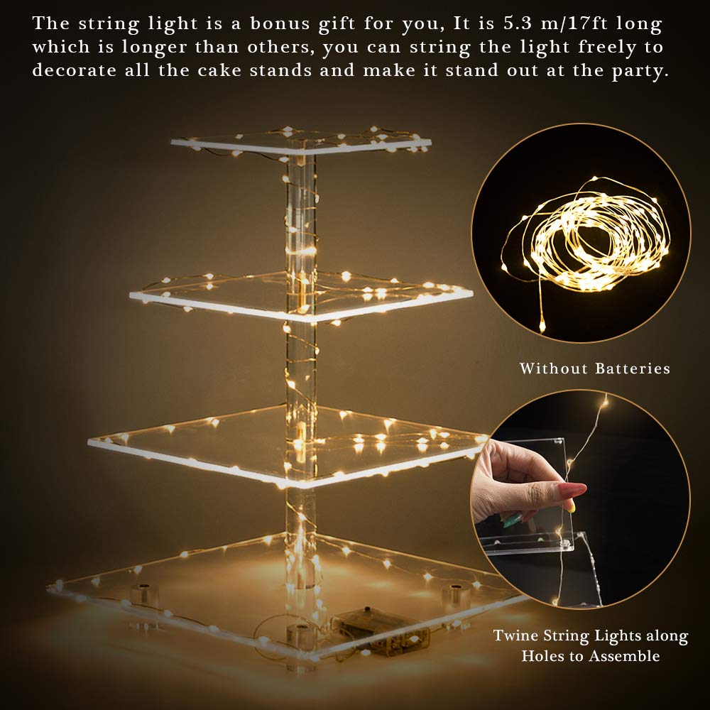 YestBuy 4 Tier Cupcake Stand Acrylic Tower Display with LED Light Premium Holder Dessert Tree Tower for Birthday Cady Bar Décor Weddings, Parties Events (Yellow Light)