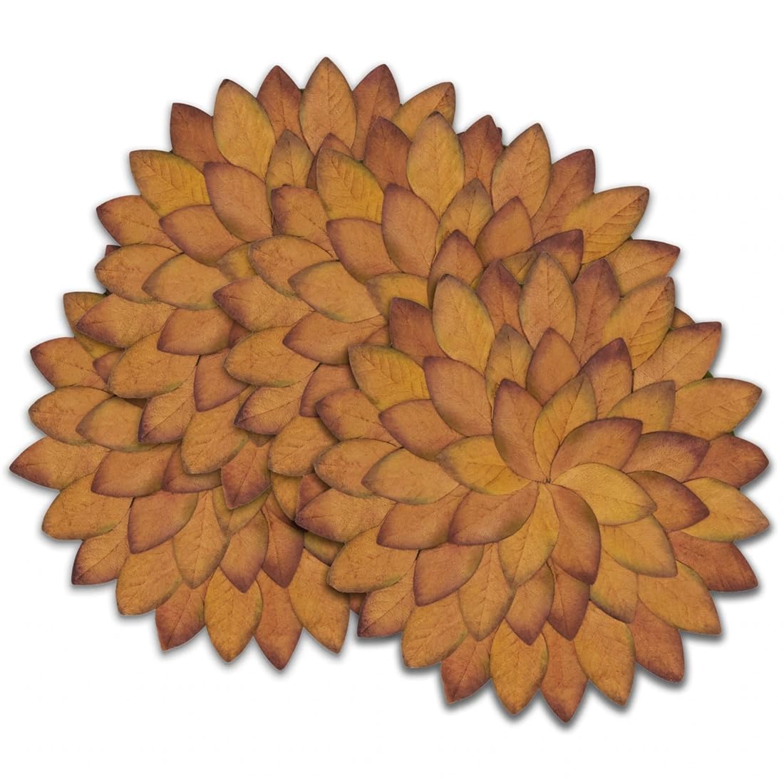 Two overlapping decorative floral arrangements made from layered autumn leaves in warm shades of orange, brown, and tan, shown on a plain white background.