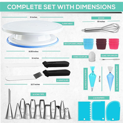 RFAQK 64 PCs Cake Decorating Kit for Beginners Includes Video Course, Booklet + Baking Supplies Gift - Cake Stand, Leveler, 24 Numbered Piping Tips, Straight & Offset Spatula, & Scraper sets