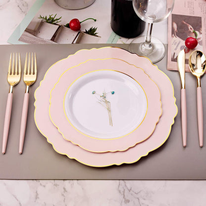 WDF 30Guest Pink Plastic Plates & Pink Christmas Plates - Gold Plastic Silverware With Pink Handle-Baroque Pink &Gold Plastic Dinnerware for Upscale Wedding &Parties