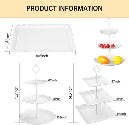 10 Pcs Cake Stand White Plastic Dessert Table Stand Set 4 Pcs 3 Tired Cupcake Display Stands Cookie Tray Rack Serving Tray Cake Display Tower and 6 Pcs Dessert Trays for Wedding Baby Shower Tea Party