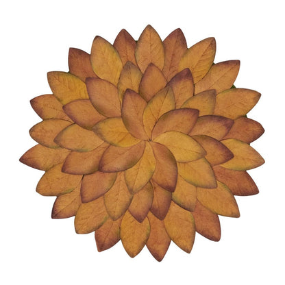 A circular floral arrangement made of overlapping autumn leaves in warm shades of orange, brown, and yellow, centered on a plain white background.