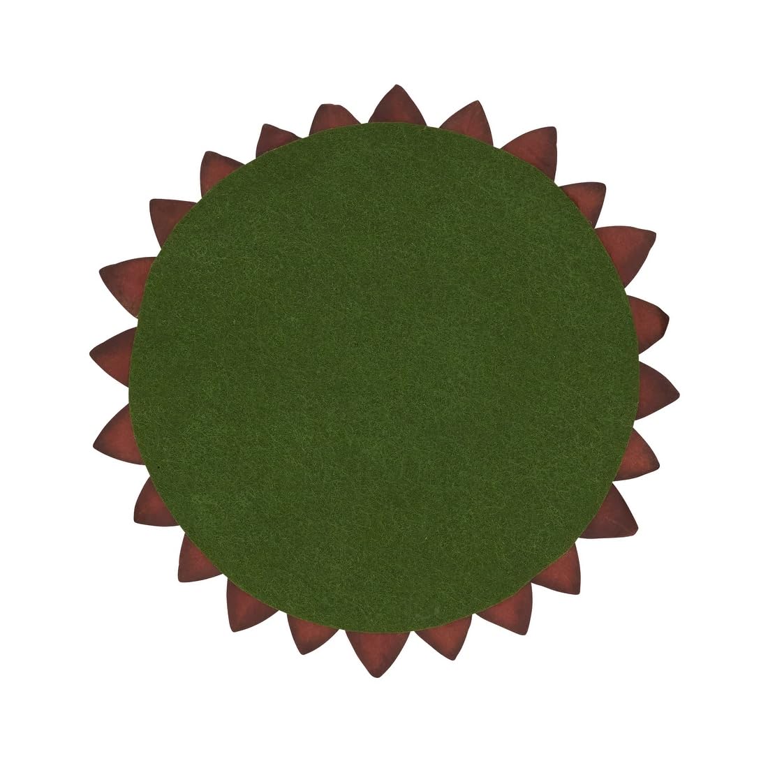 A circular green rug with a jagged, spiky dark red outer border, shown from a top-down view on a plain white background.