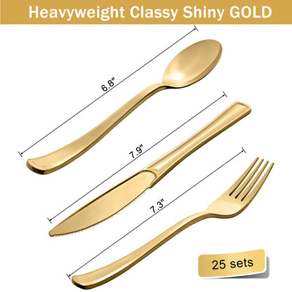 HOMIX 175 Piece Gold Party Supplies Set Serves 25 - Gold Paper Plates Napkins Cups with Gold Plastic Silverware Sets for Wedding Bridal Shower Baby Shower Holiday Parties