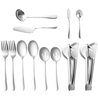 Gold Serving Utensils Set of 12, Stainless Steel Serving Sets with, 9.8''Serving Forks, Slotted Spoons, Tongs, Ladle, Butter Knife, Pie, Serving Utensils in Gold for Parties,Buffet, Wedding