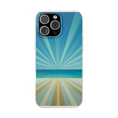 A clear phone case with a printed retro-style beach scene design, featuring blue and teal sunburst rays over a sandy shore, shown on a white background.
