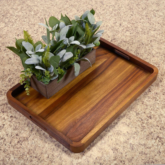 Acacia Wood Rectangular Serving Tray with Recessed Handles, 15" x 2