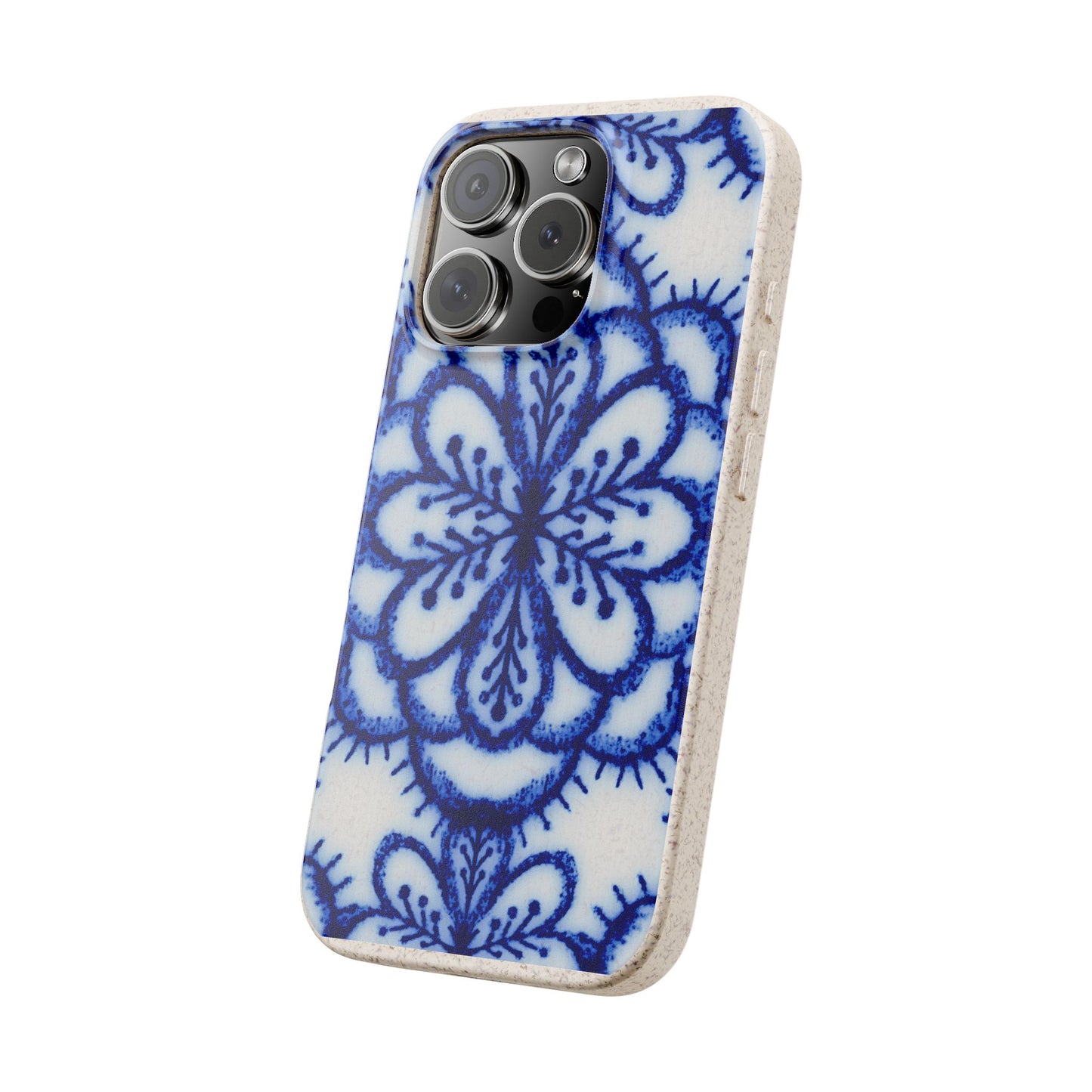 A protective phone case with a blue and white floral tile pattern, shown on a plain white background.