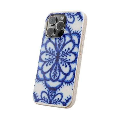 A protective phone case with a blue and white floral tile pattern, shown on a plain white background.