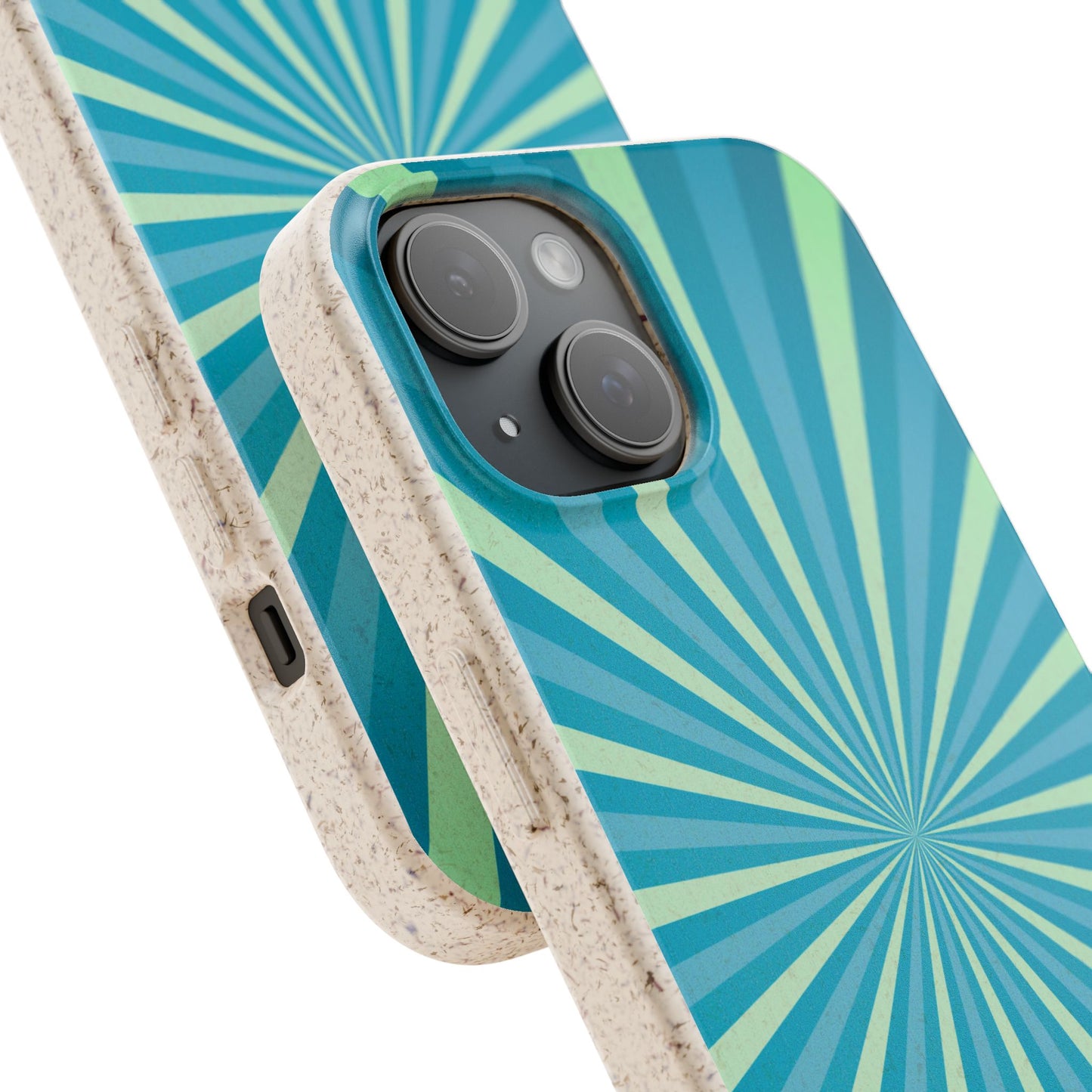 A close-up of a smartphone case with a blue and green sunburst pattern and a natural beige textured bumper, shown fitted on a phone against a white background.