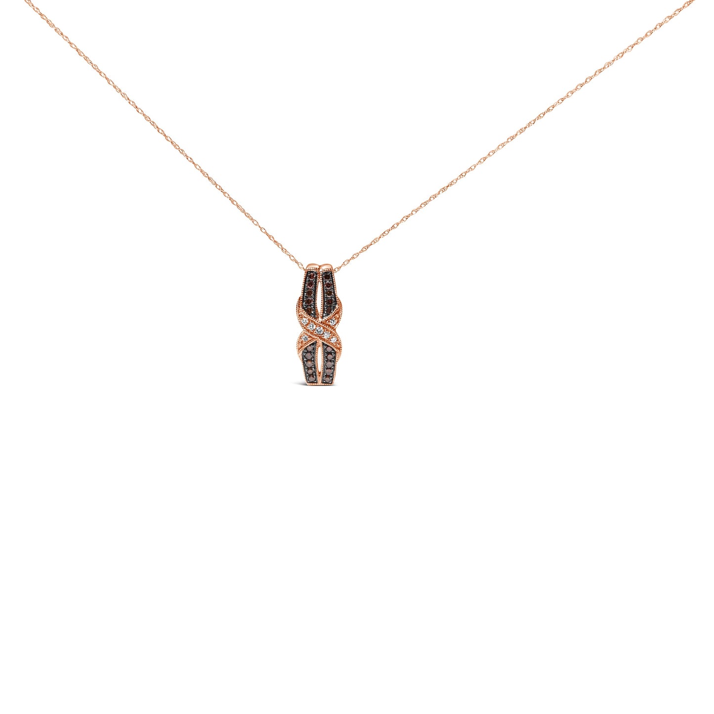 10K rose gold infinity twist pendant necklace with white and chocolate brown diamonds, on a delicate chain.