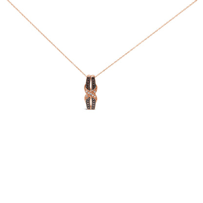 10K rose gold infinity twist pendant necklace with white and chocolate brown diamonds, on a delicate chain.