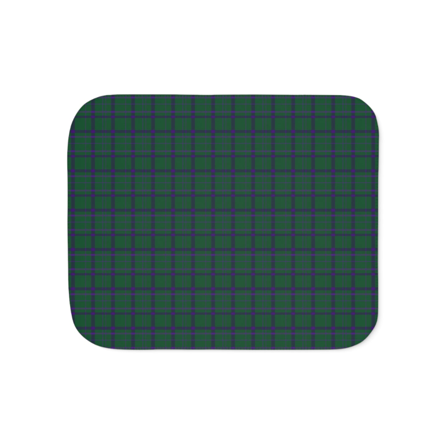 A rectangular baby blanket with rounded corners, featuring a green and purple tartan plaid pattern, shown on a plain white background.
