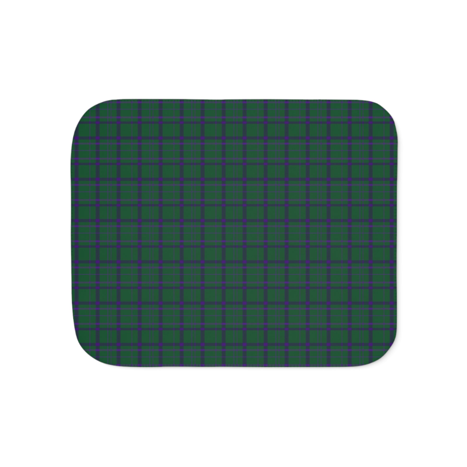 A rectangular baby blanket with rounded corners, featuring a green and purple tartan plaid pattern, shown on a plain white background.