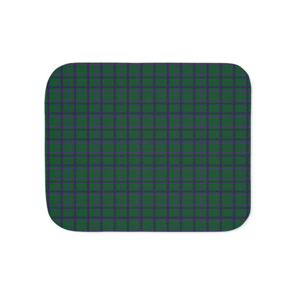 A rectangular baby blanket with rounded corners, featuring a green and purple tartan plaid pattern, shown on a plain white background.