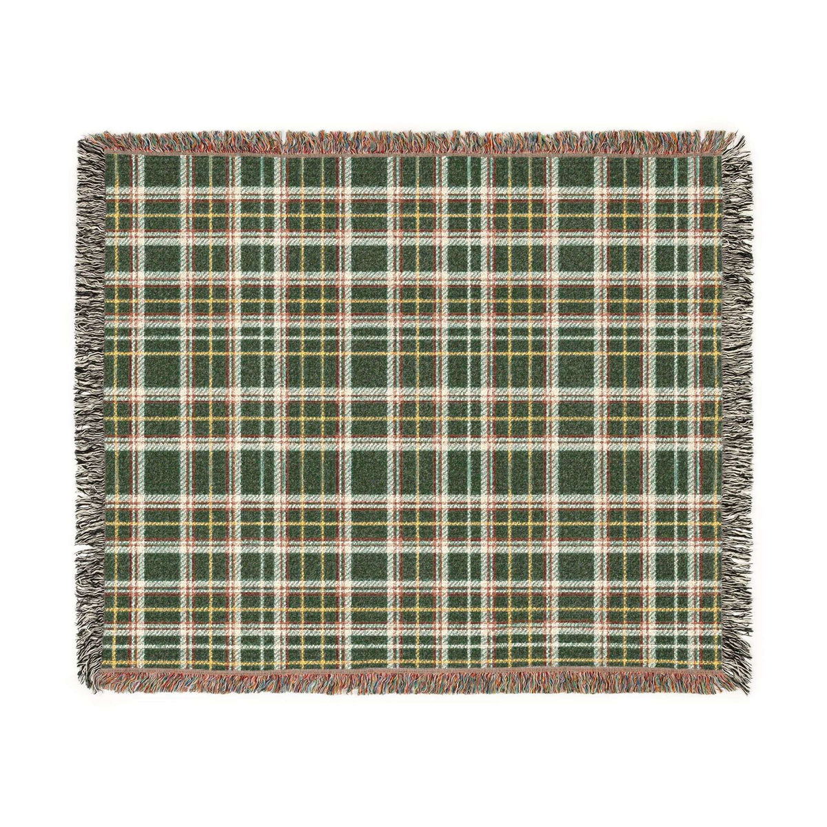A square woven throw blanket with a green, red, white, and yellow plaid pattern and fringed edges, shown flat against a white background.