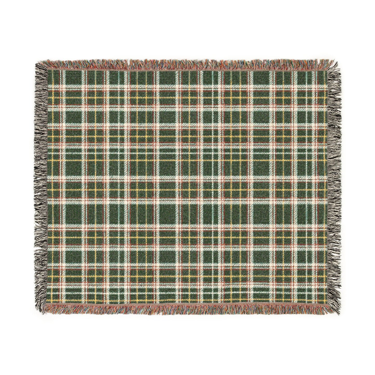 A square woven throw blanket with a green, white, and yellow plaid pattern and fringed edges, shown flat against a white background.