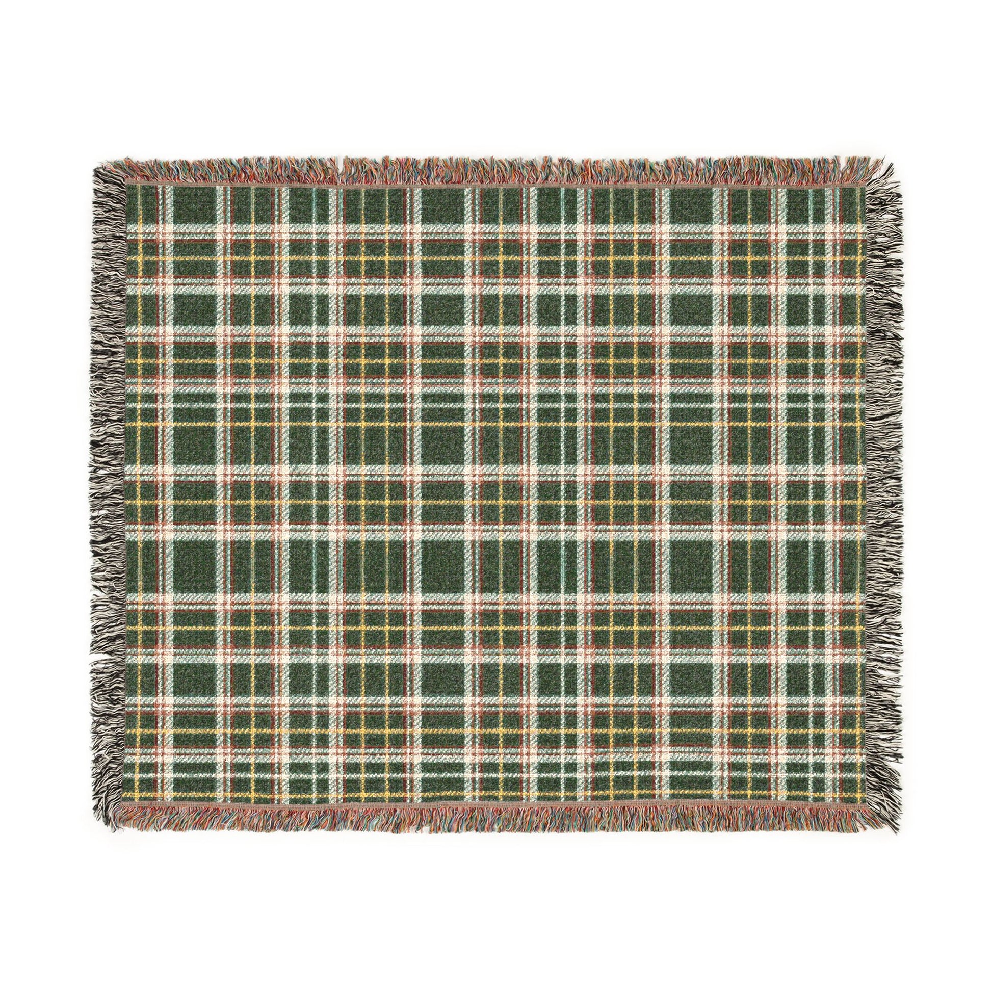 A square woven throw blanket with a green, white, and yellow plaid pattern and fringed edges, shown flat against a white background.