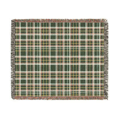 A square woven throw blanket with a green, white, and yellow plaid pattern and fringed edges, shown flat against a white background.