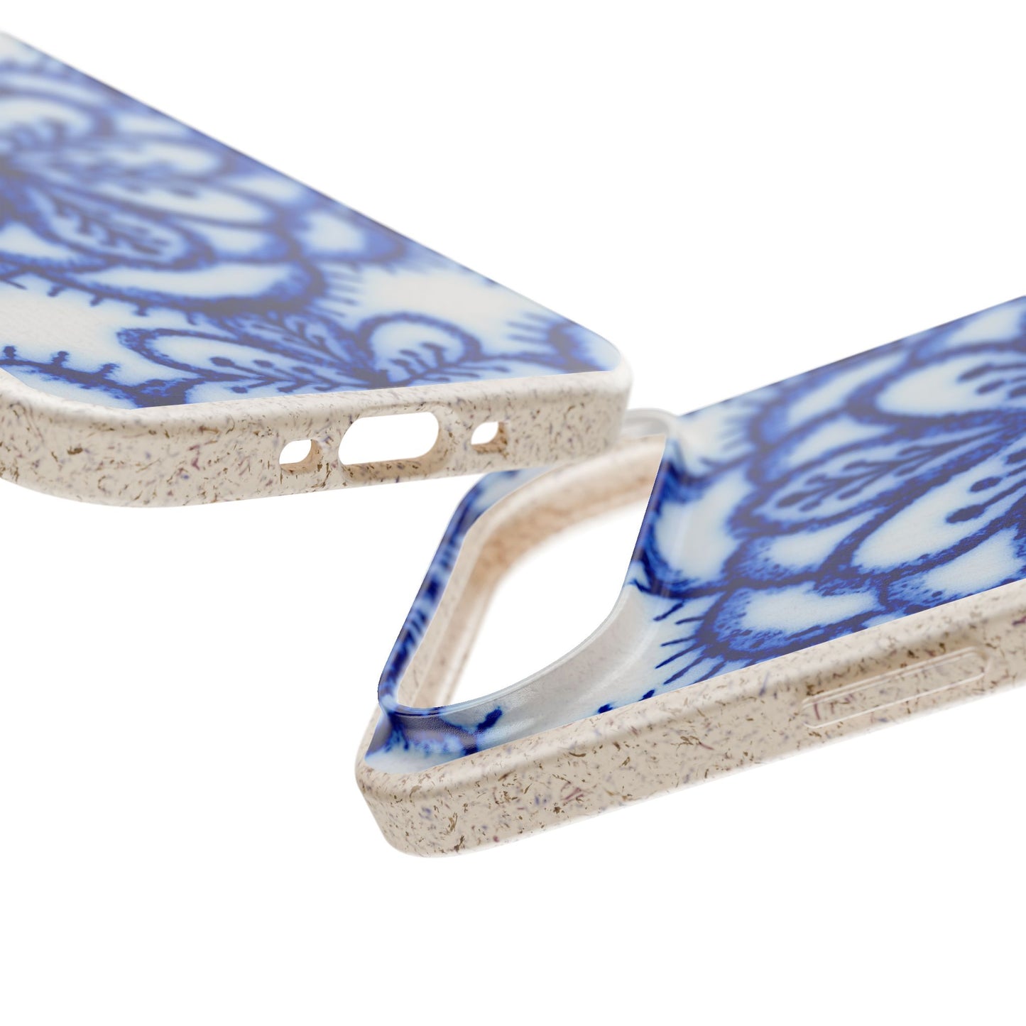 Close-up of a phone case with a blue floral pattern on a white background and a textured beige edge, shown from multiple angles on a white studio background.