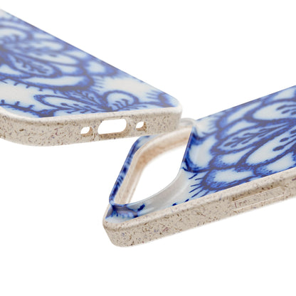 Close-up of a phone case with a blue floral pattern on a white background and a textured beige edge, shown from multiple angles on a white studio background.