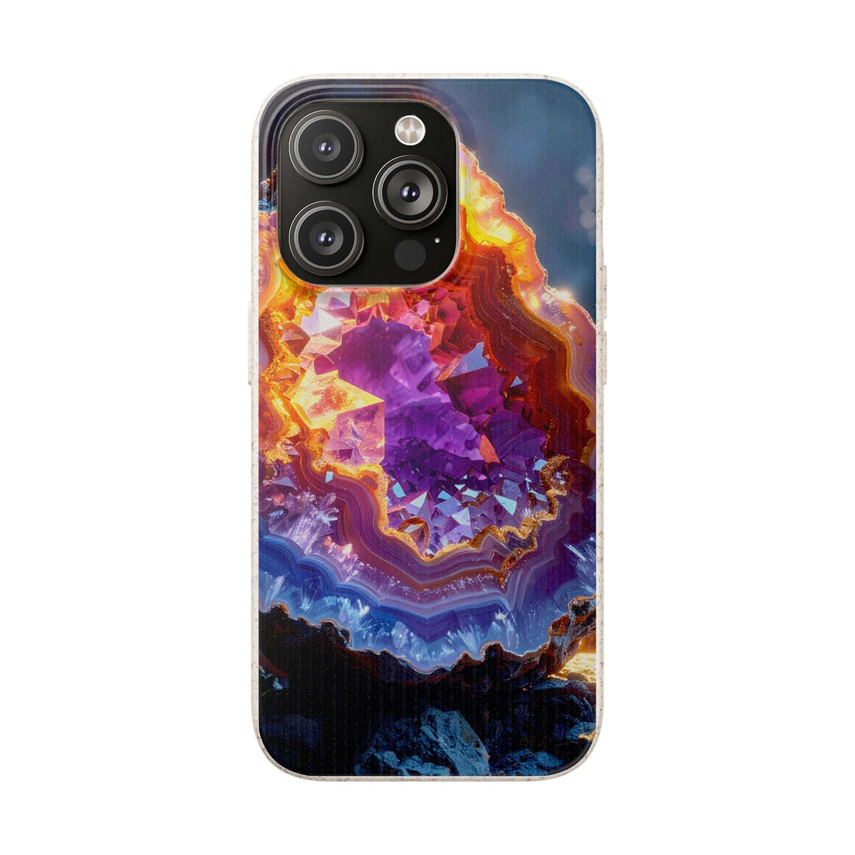 A clear-sided smartphone case featuring a vivid printed geode or crystal cluster design with prominent purple, orange, yellow, blue, and black tones, shown on a plain white background.