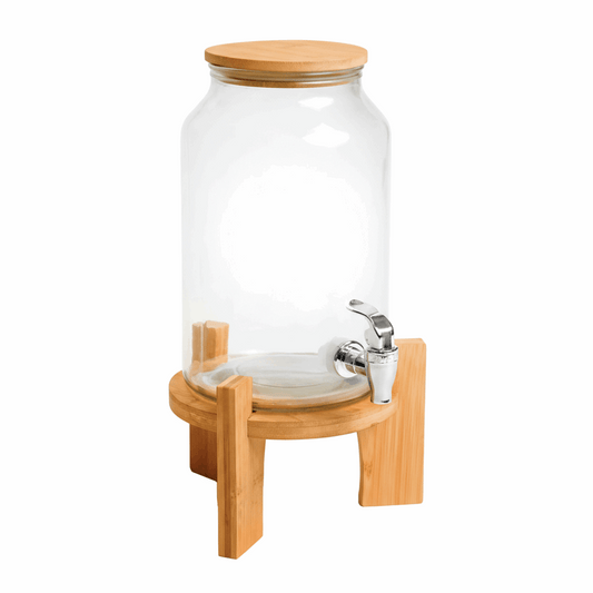 Clear glass beverage dispenser with a wood lid and matching wood stand, featuring a silver metal spigot.