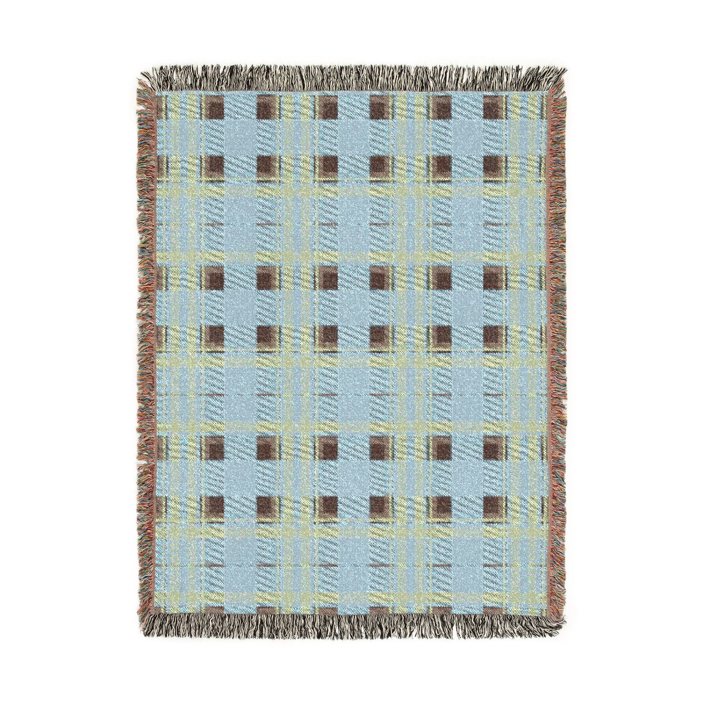 A woven throw blanket with a plaid pattern in light blue, yellow, brown, and gray, finished with fringed edges, shown flat against a white background.
