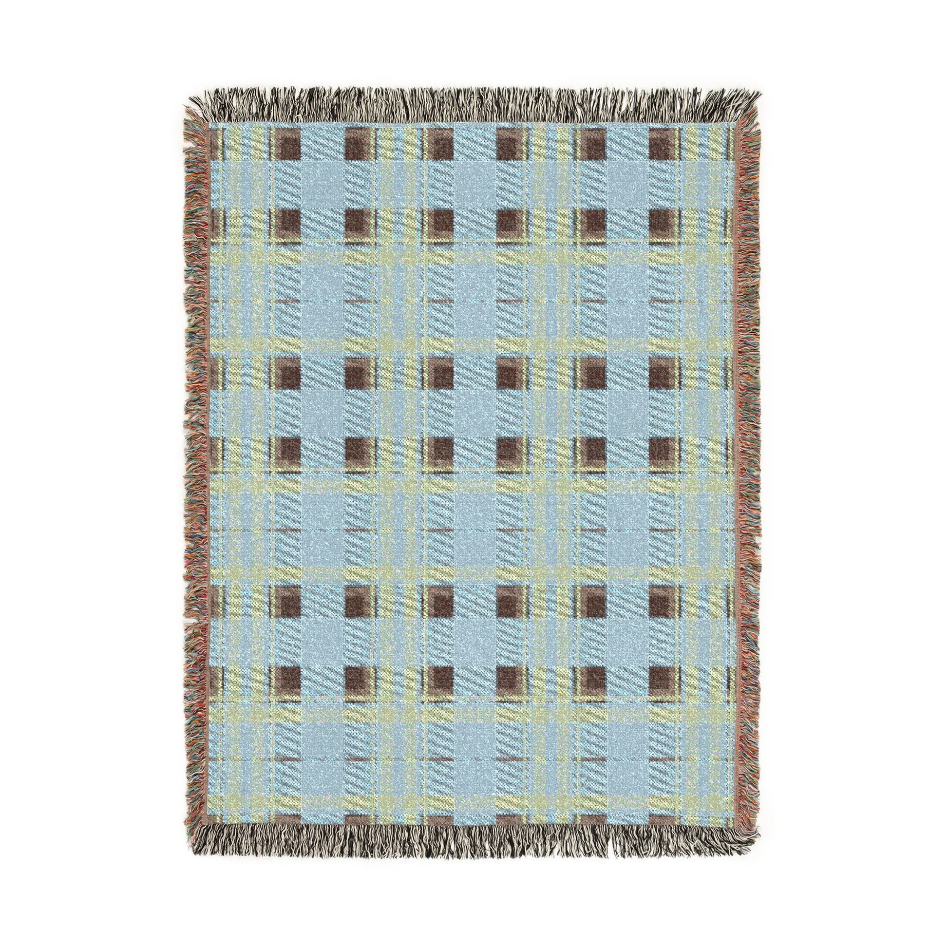 A woven throw blanket with a plaid pattern in light blue, yellow, brown, and gray, finished with fringed edges, shown flat against a white background.